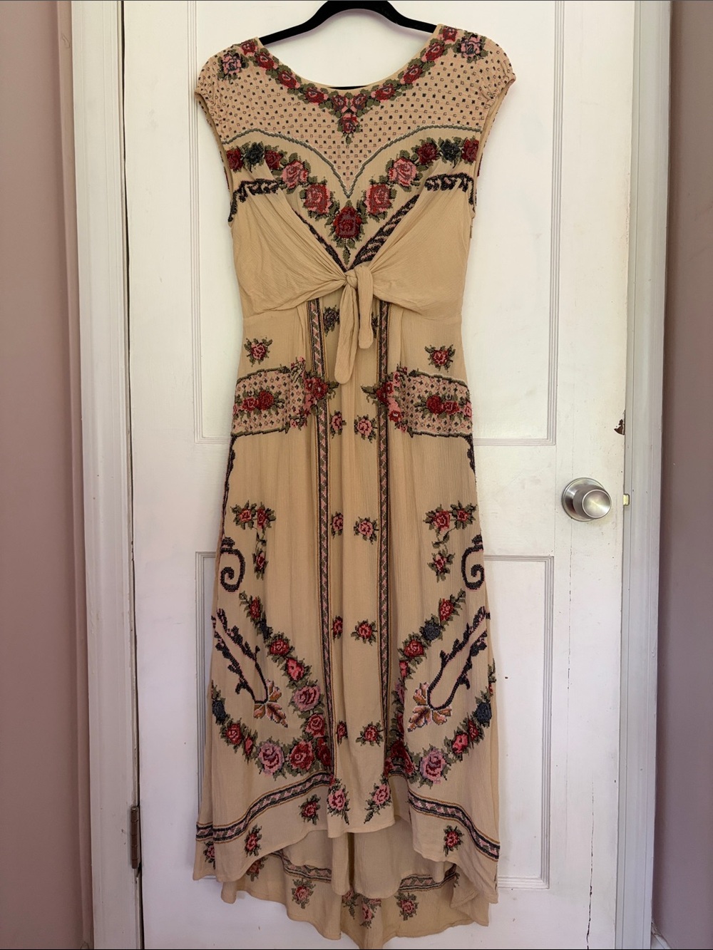 Free People New Romantics Beige Floral Tie-Front Embroidered Midi Dress